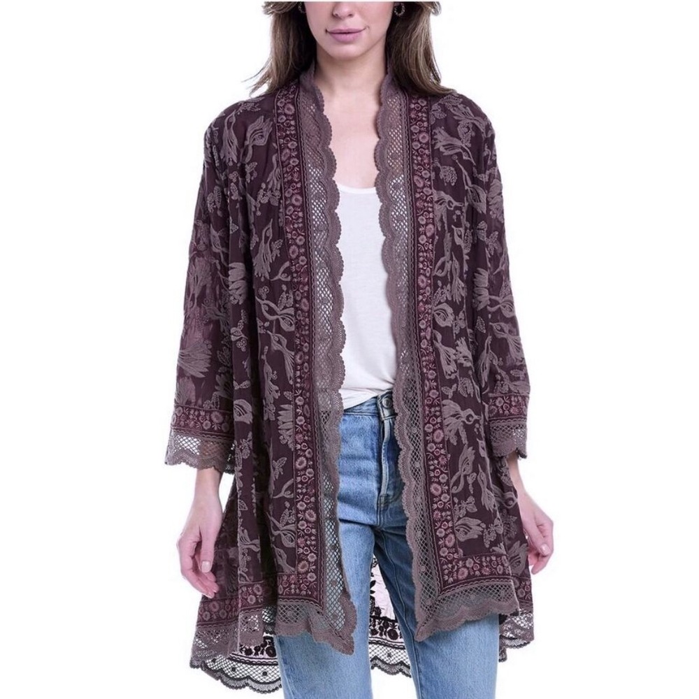 Johnny Was Sparrow Kimono Deep Purple Embroidered Lace Trim Duster L